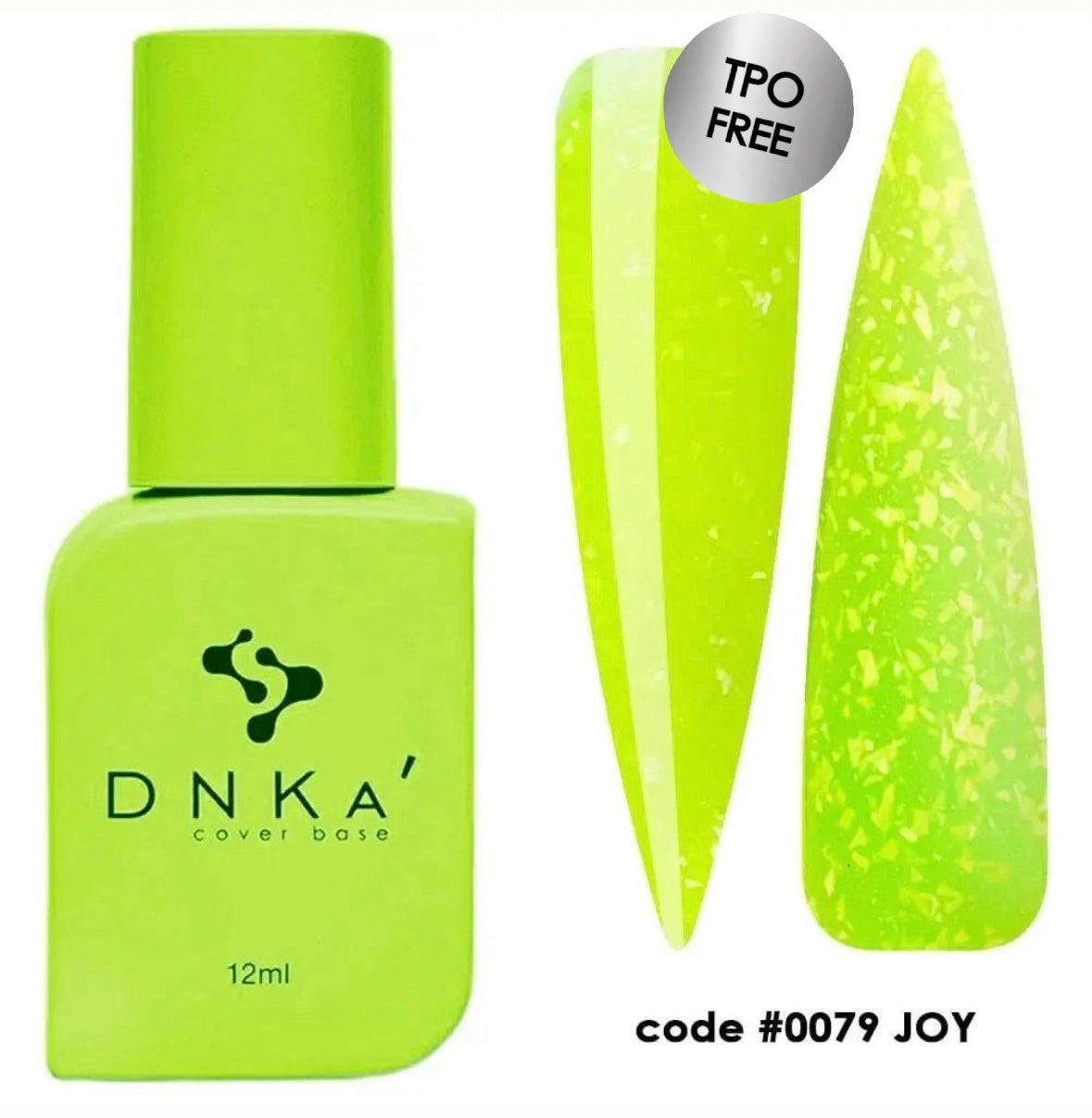A bottle of DNKa' Cover Base with a glittery in neon yellow color, multicolored nail polish-like finish, labeled as #0079 Joy, with a capacity indicator of 12 ml.