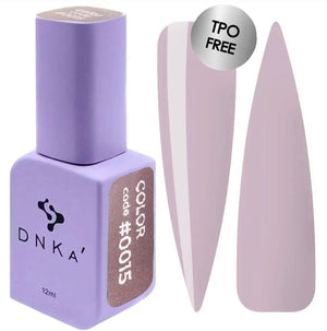 A bottle of DNKa' Gel Polish in color #0015 alongside a visual representation of the nail polish color on a nail shape.