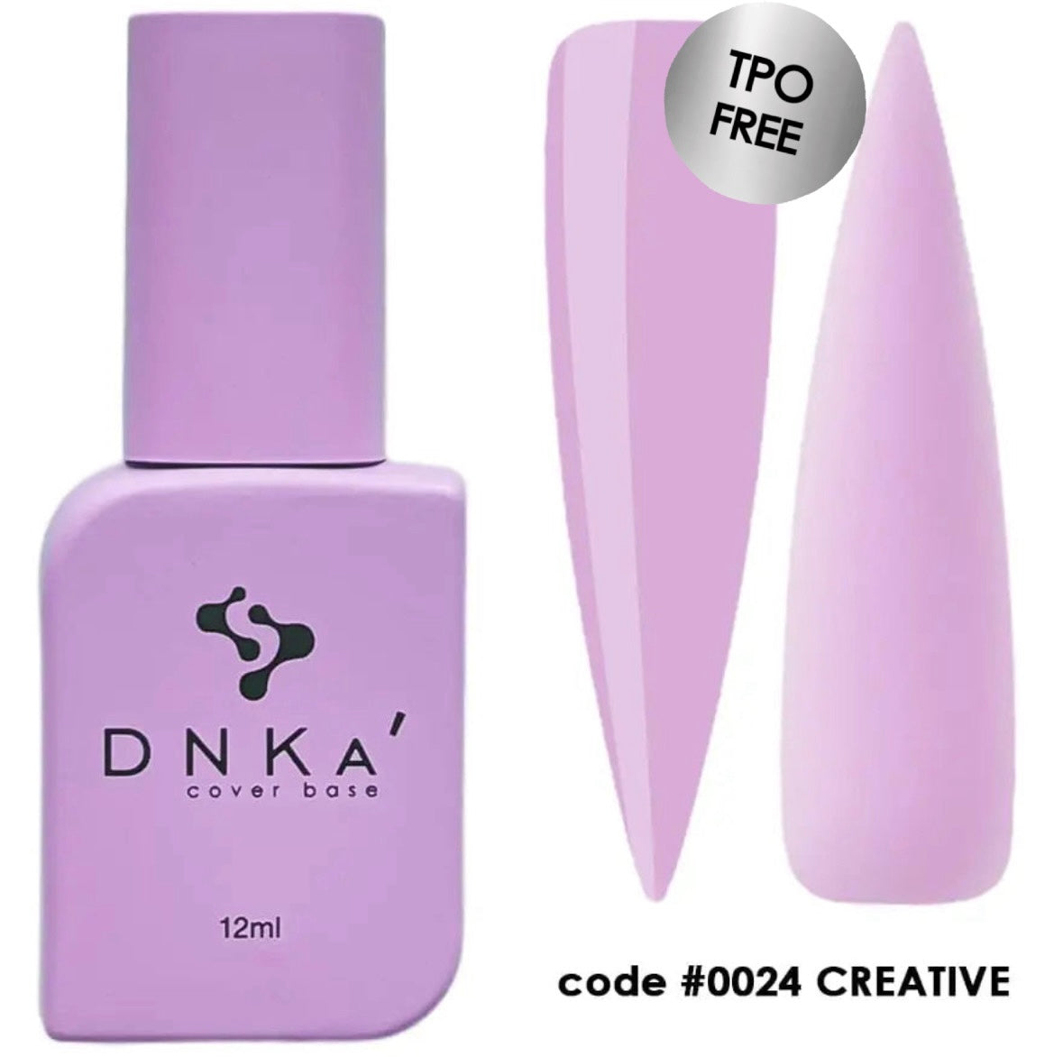 A bottle of DNKa' Cover Base #0024 Creative with a purple label and cap, containing 12 ml of product.