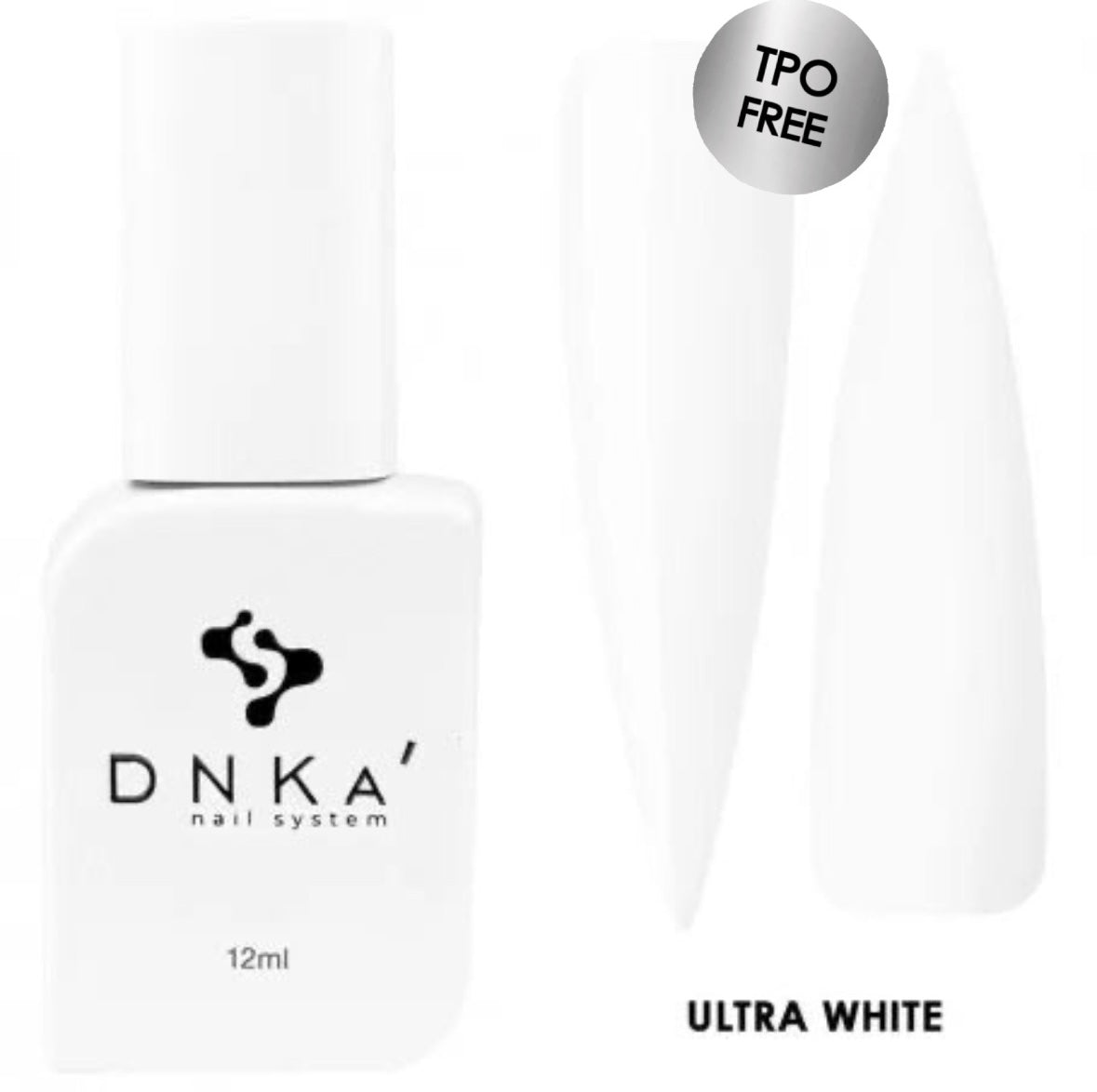 A bottle of DNKa' Gel Polish in color Ultra White, accompanied by two nail brushes, all presented against a white background.