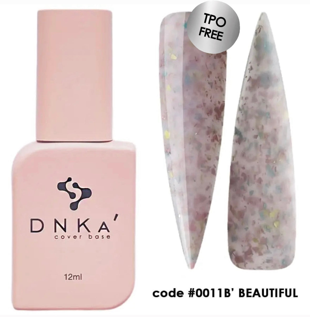 A bottle of DNKa' Cover Base with a pink label and a small, pointed brush applicator, alongside a sample nail color swatch labeled as #0011B' Beautiful.