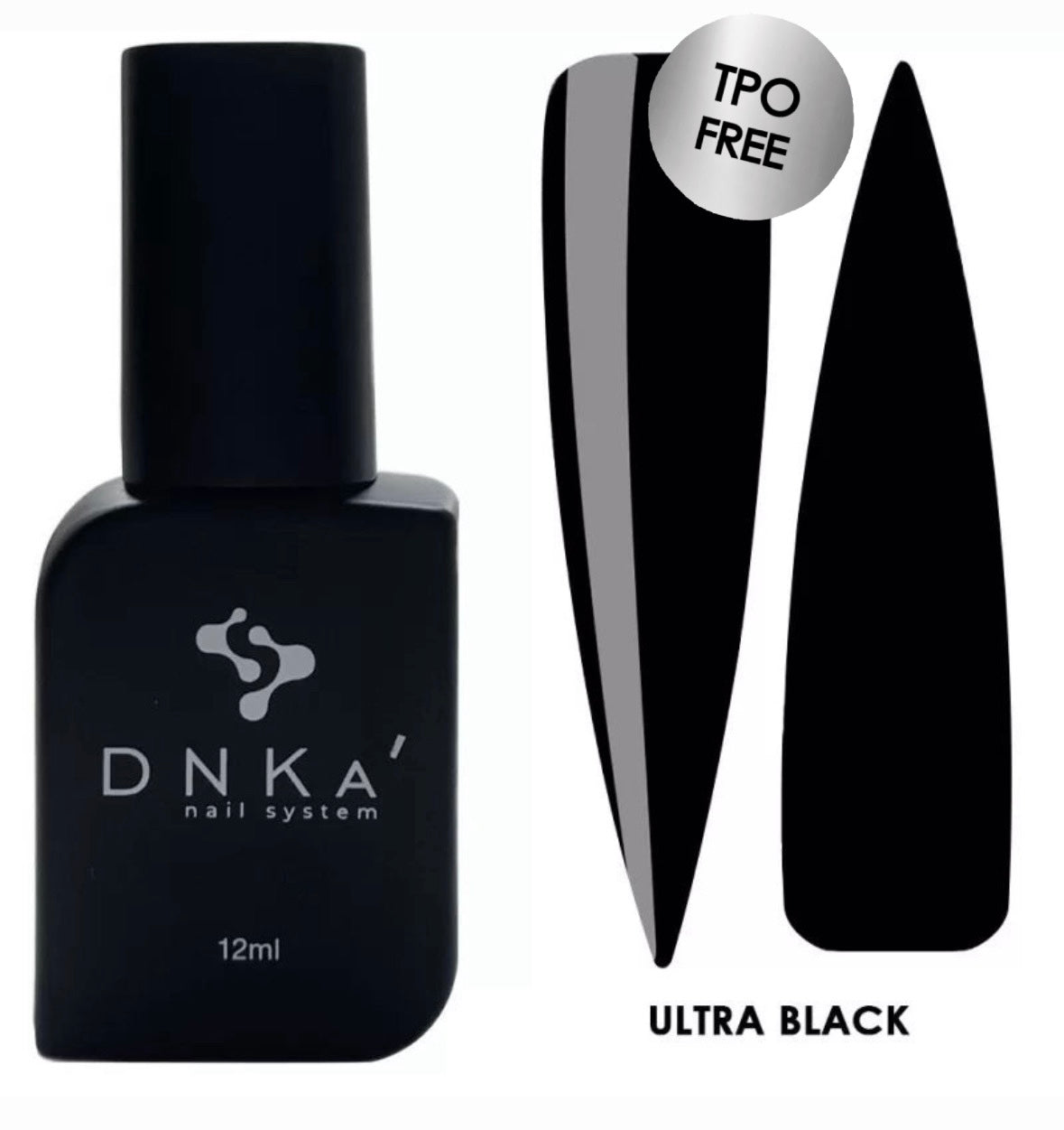 A bottle of DNKa' Gel Polish in color Ultra Black, alongside a visual representation of the nail polish applied to a nail shape.