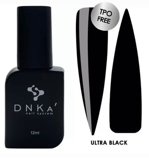 A bottle of DNKa' Gel Polish in color Ultra Black, alongside a visual representation of the nail polish applied to a nail shape.