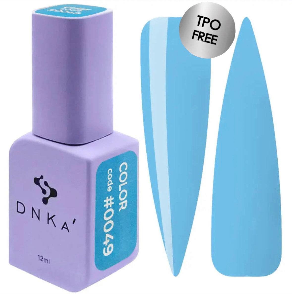 A purple DNKa' Gel Polish bottle with the cap removed, showing the light blue color of the polish, alongside a blue nail polish wedge. A purple-colored DNKa' Gel Polish bottle with the code #0049 and 12 ml volume indicated