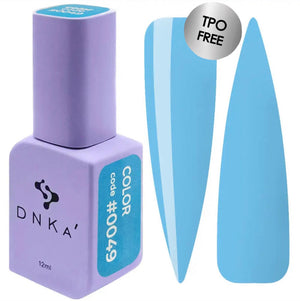 A purple DNKa' Gel Polish bottle with the cap removed, showing the light blue color of the polish, alongside a blue nail polish wedge. A purple-colored DNKa' Gel Polish bottle with the code #0049 and 12 ml volume indicated
