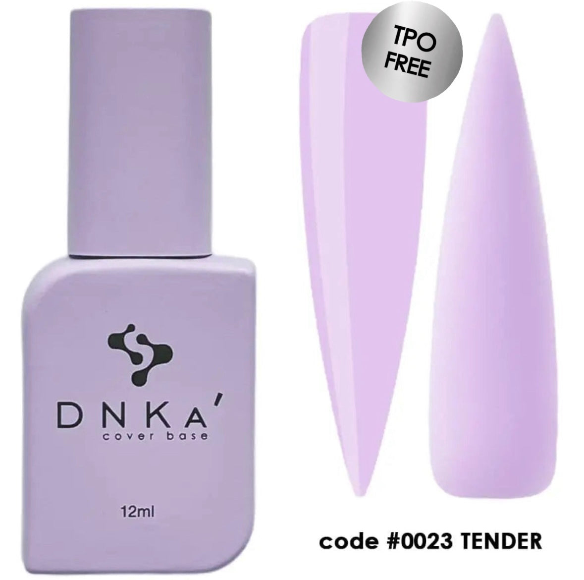 A bottle of DNKa' Cover Base #0023 Tender with a purple label and a small, pointed applicator brush. The volume indicated is 12 ml.