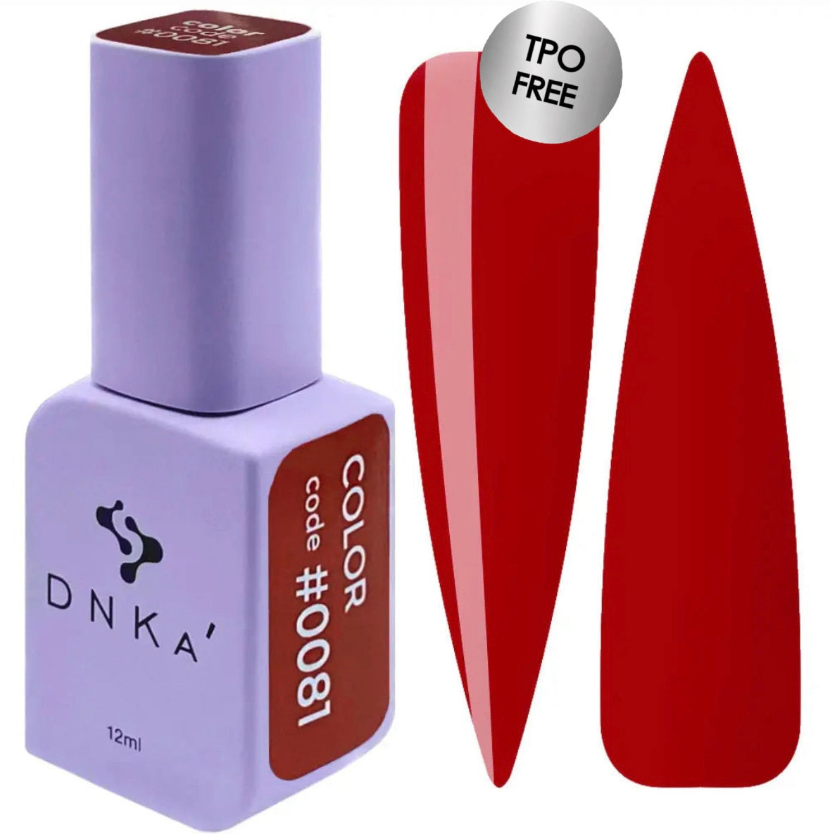 A bottle of DNKa' Gel Polish in color #0081, which is a bright red shade. The image shows the bottle, a swatch of the polish color, and a shaped nail illustration demonstrating the nail polish application.