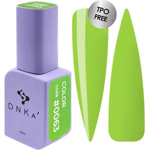 A bright green gel polish bottle with its corresponding color nail art displayed next to it. A bottle of DNKa' Gel Polish in color #0063