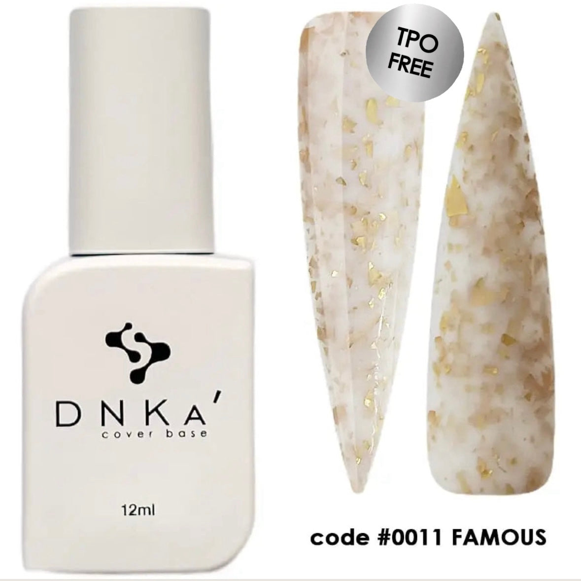 A bottle of DNKa' Cover Base #0011 Famous with a shimmery, pinkish-gold color, alongside a sample nail art swatch showing a glossy finish.