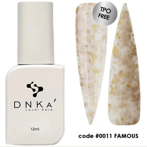 A bottle of DNKa' Cover Base #0011 Famous with a shimmery, pinkish-gold color, alongside a sample nail art swatch showing a glossy finish.