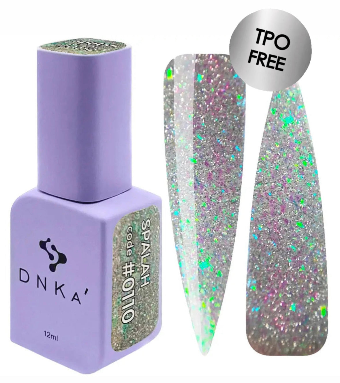 A bottle of DNKa' Gel Polish in color #0110 with a sparkly, holographic design, alongside a set of accompanying nail art stickers.