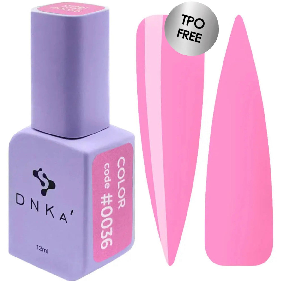 A bottle of DNKa' Gel Polish in color #0036, alongside a pair of pink nail polish bottle caps.