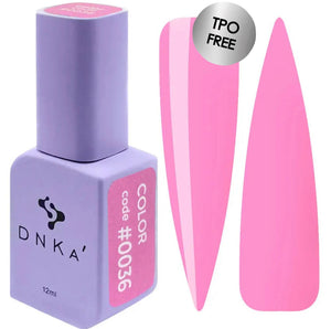 A bottle of DNKa' Gel Polish in color #0036, alongside a pair of pink nail polish bottle caps.
