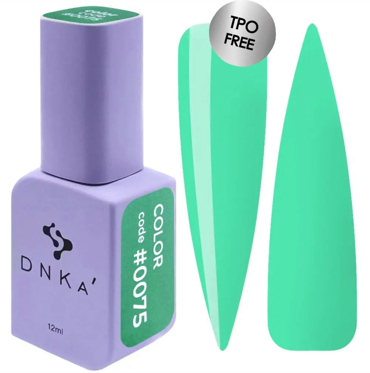 A bottle of DNKa' Gel Polish in color #0075, alongside a swatch showing the teal color of the polish. Green gel polish