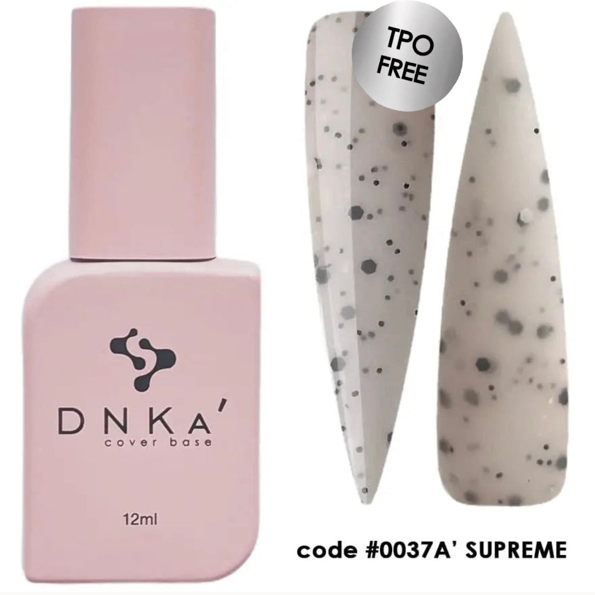 A bottle of DNKa' Cover Base with a pink label and a dot pattern design, alongside a sample fingernail showing the camouflage effect.