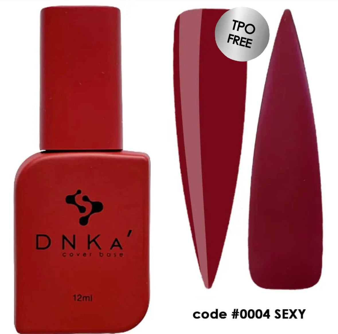 A red colored nail polish bottle labeled DNKa' with a code #000 SEXY and a swatch showing the color of the polish.