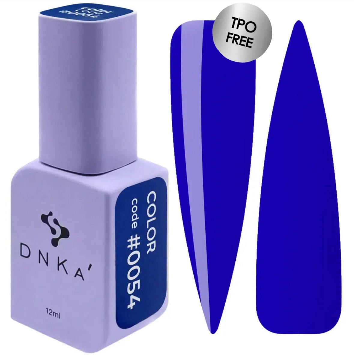 A purple DNKa' Gel Polish bottle with the cap removed, showing the blue color of the polish inside. A swatch of the blue color is also displayed next to the bottle. A bottle of DNKa' Gel Polish in color #0054