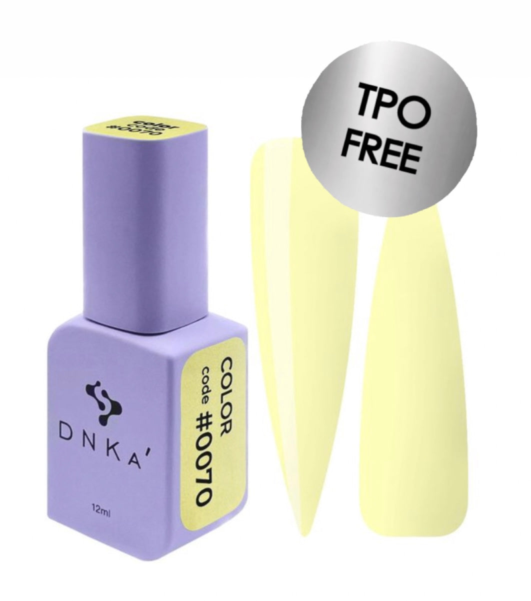 DNKA gel polish bottle with a yellow nail sample 0070 and 'TPO FREE' label on a white background
