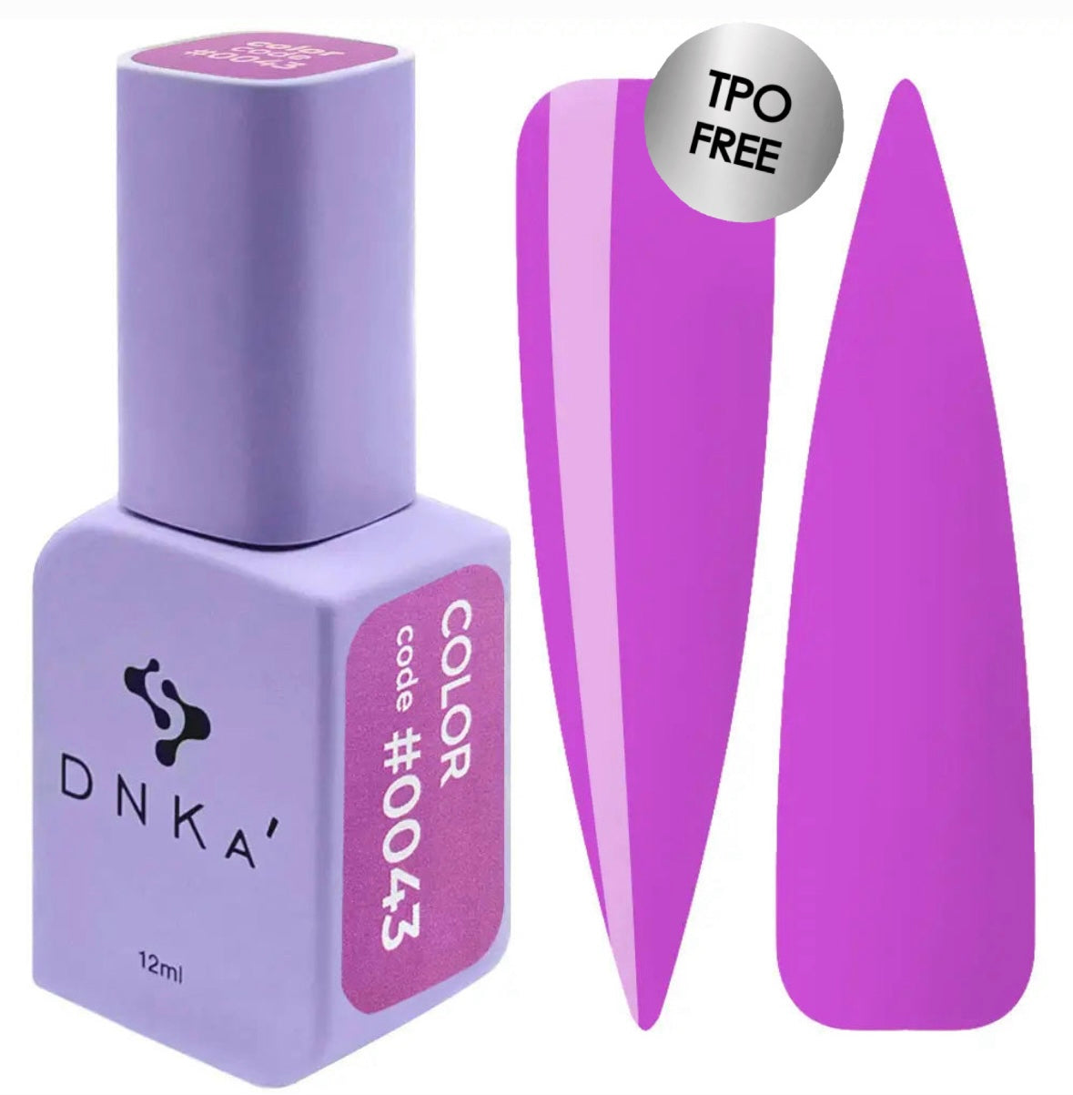 A bottle of DNKa' Gel Polish in color #0043, alongside a swatch demonstrating the purple color of the gel polish.