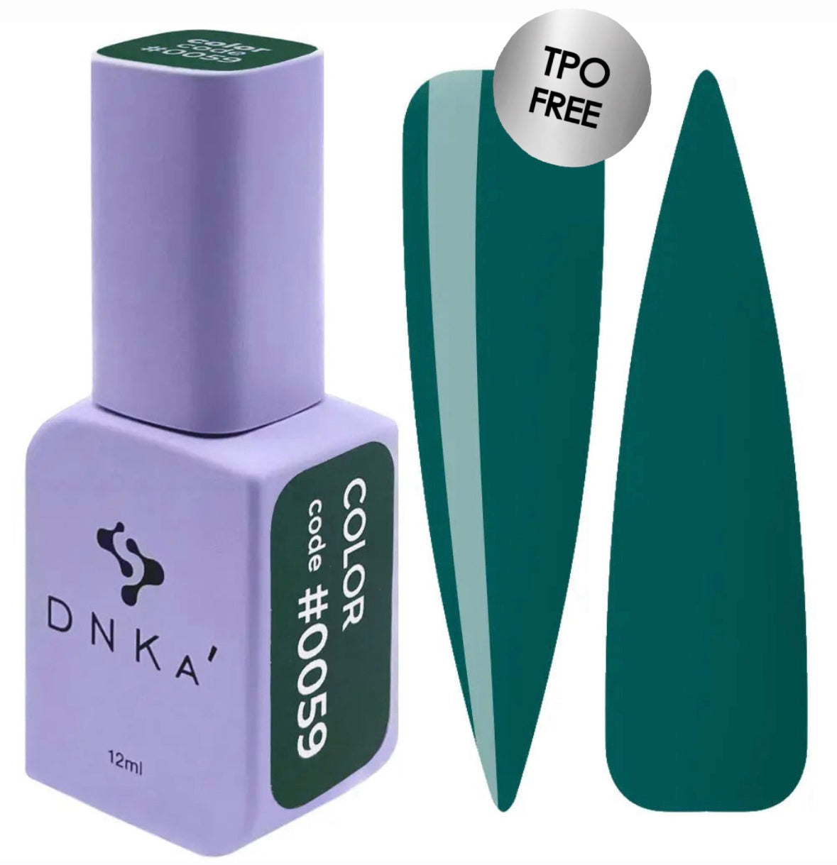 A bottle of DNKa' Gel Polish in color #0059, alongside a swatch of the dark green polish.