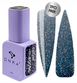 A bottle of DNKa' Gel Polish in color #0096, which is a glittery blue gel polish, shown alongside a swatch demonstrating the glittery gold finish on a nail.