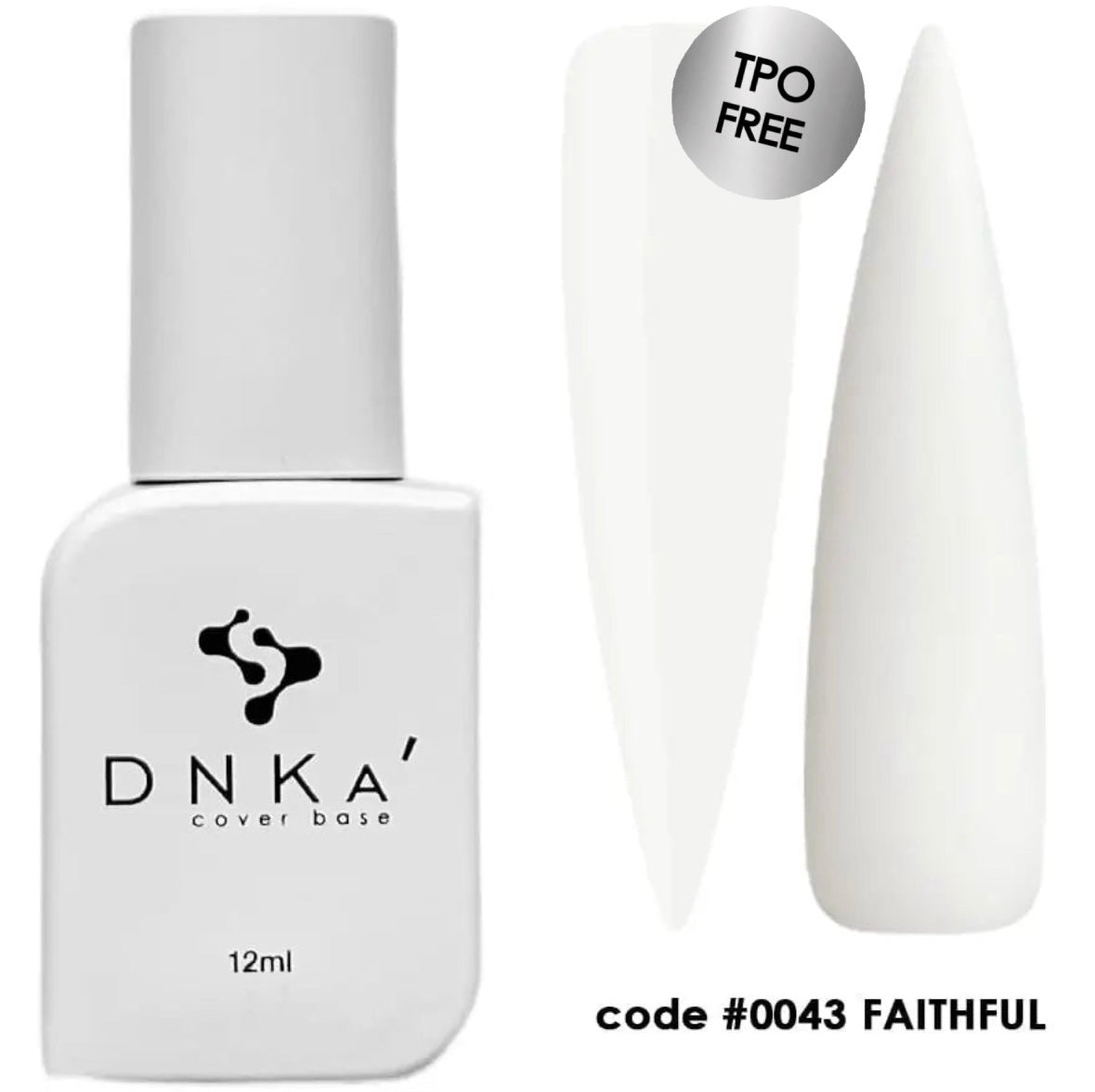 A bottle of DNKa' Cover Base #0043  in white color Faithful nail polish base, showing the product label and cap, against a white background.