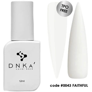 A bottle of DNKa' Cover Base #0043  in white color Faithful nail polish base, showing the product label and cap, against a white background.