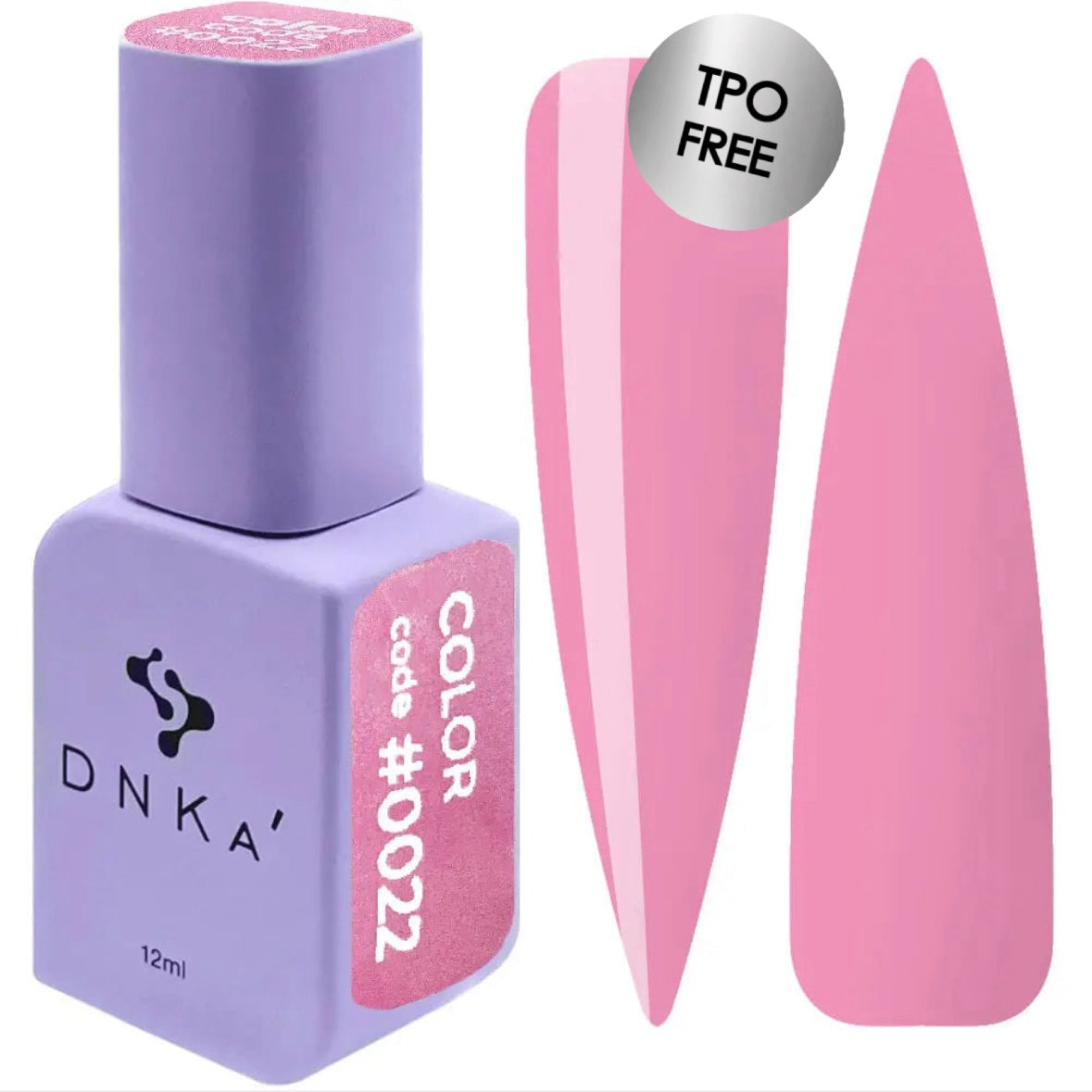 A bottle of DNKa' Gel Polish in color #0022, alongside a pair of pink-colored nail polish bottle caps.