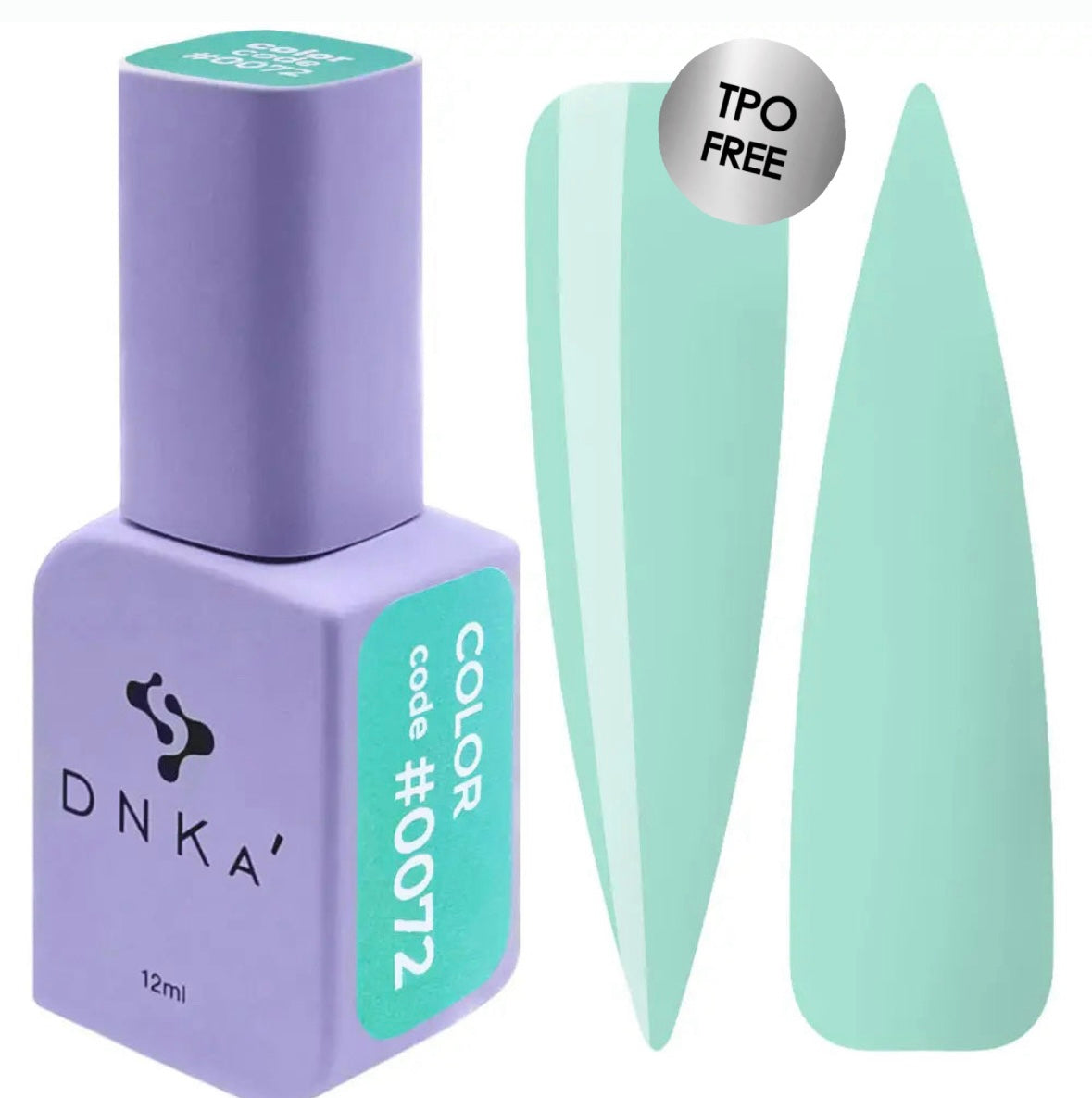A bottle of DNKa' Gel Polish in color #0072, alongside a swatch of the corresponding nail polish color. Light green gel polish color