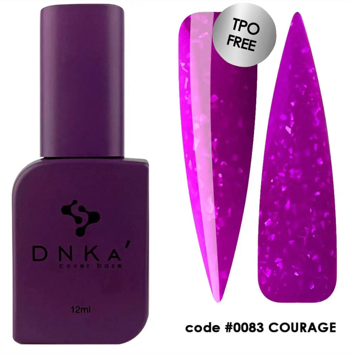 A bottle of DNKa' Cover Base with a glittery in purple color, multicolored nail polish-like finish, labeled as #0083 Courage, with a capacity indicator of 12 ml.