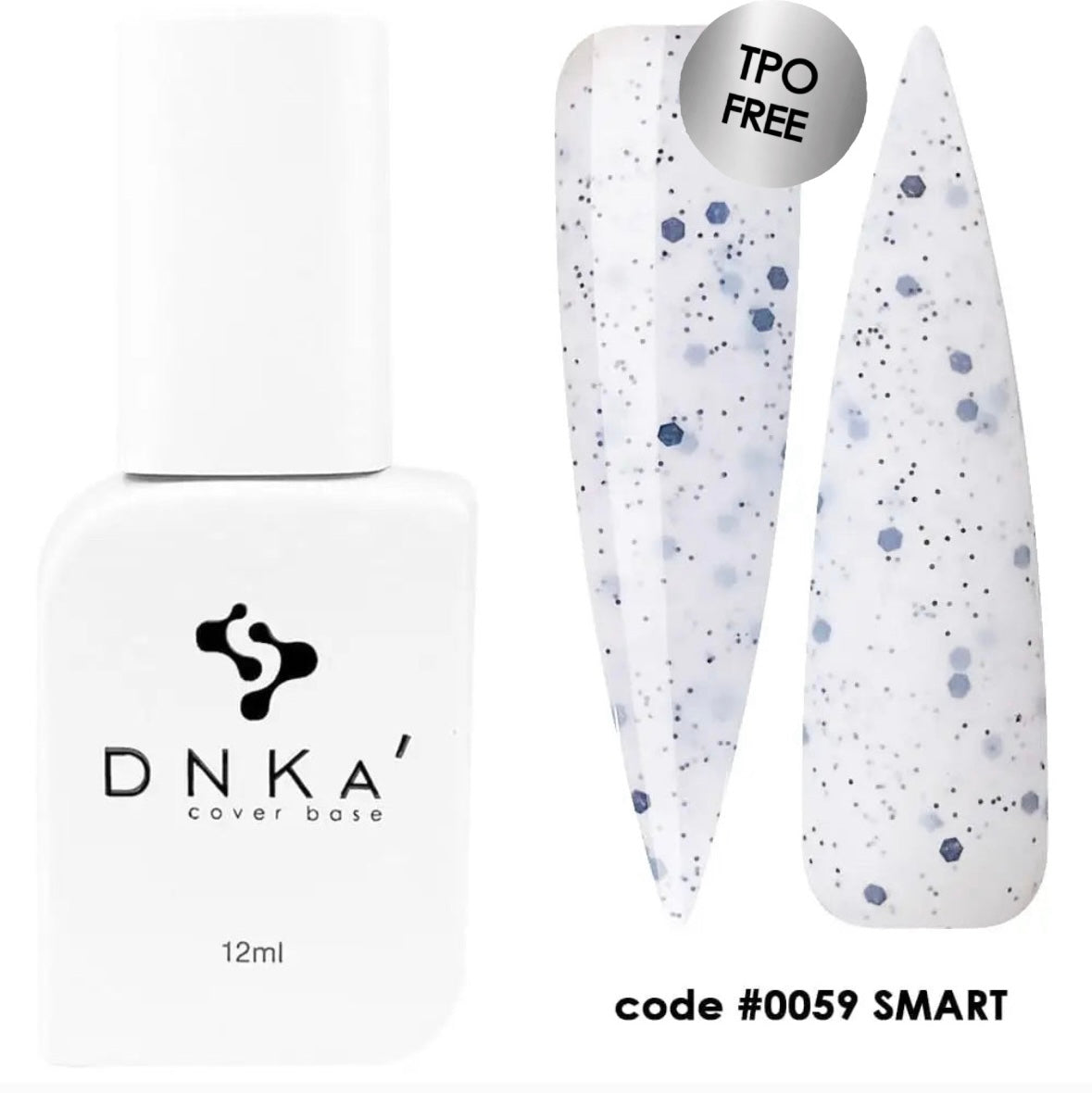 A bottle of DNKa' Cover Base #0059 Smart nail polish with a capacity of 12 ml, displayed alongside a sample nail color swatch showing a camouflage pattern.