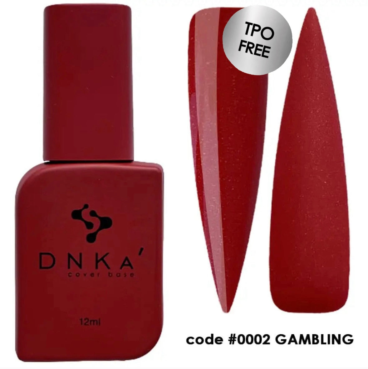 A bottle of DNKa' Cover Base in a fiery red color, with a showy, glossy finish. The code #0002 Gambling is visible on the bottle.