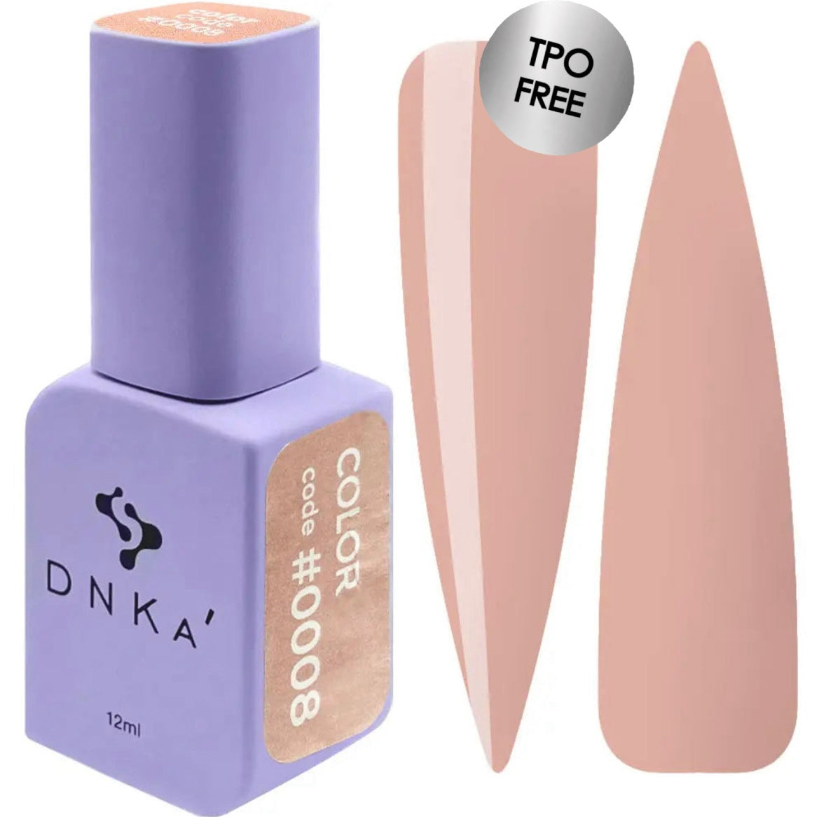 A purple DNKa' Gel Polish bottle with a velvet-like texture and a shade guide label indicating color #0008 light brown nude color