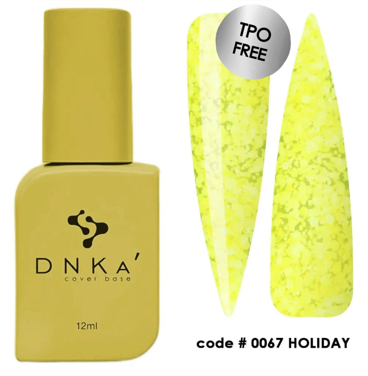 A bottle of DNKa' Cover Base #0067 Holiday  in a yellow shade, alongside a sample nail color swatch.
