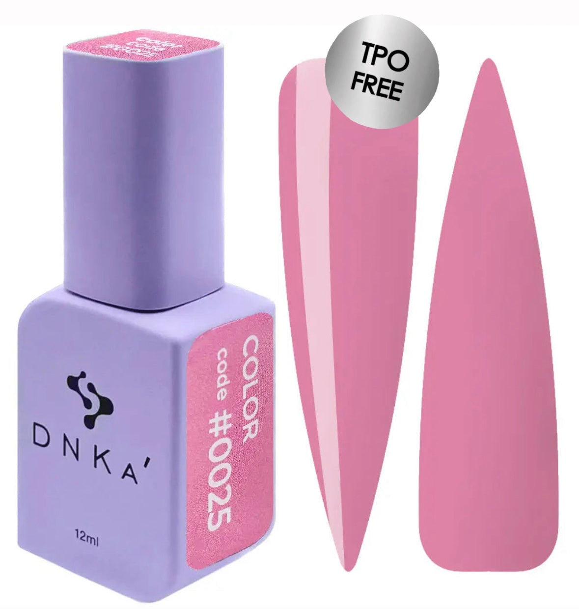 A purple bottle with a pink label indicating the color #0025, alongside a pink-colored gel polish swatch.