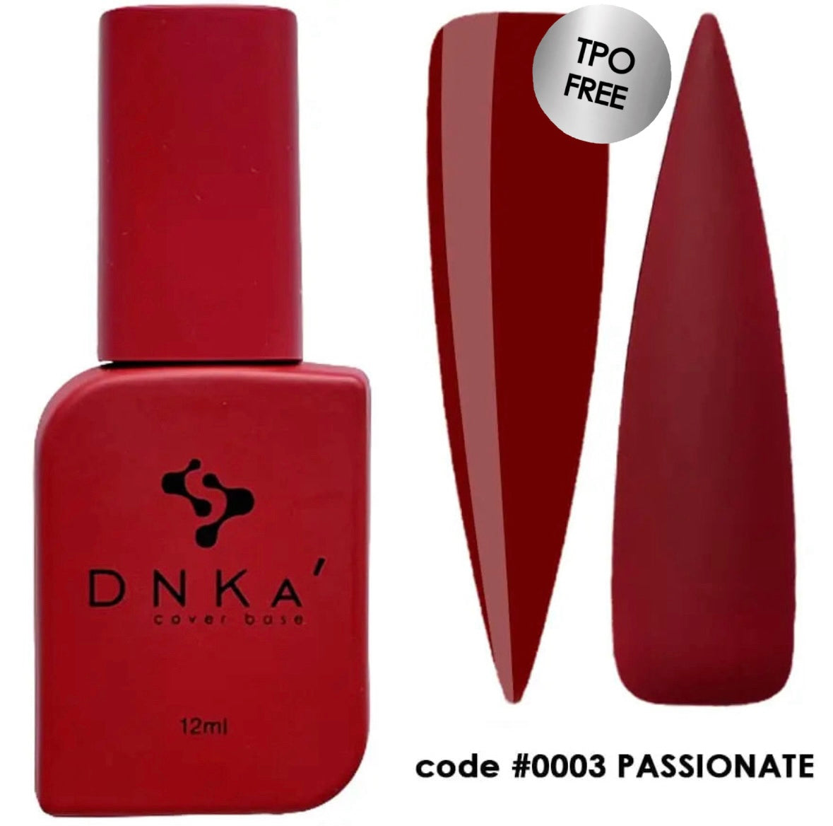 A bottle of DNKa' Cover Base in a fiery red color, with a capacity of 12 ml, labeled as #0003 Passionate.