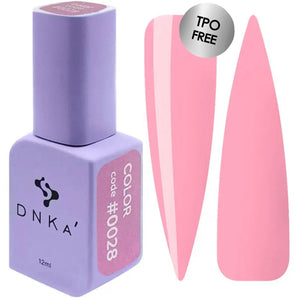 A purple-colored DNKa' Gel Polish bottle with the code #0028 and 12 ml volume indicated, alongside two pink-colored gel polish bottles.