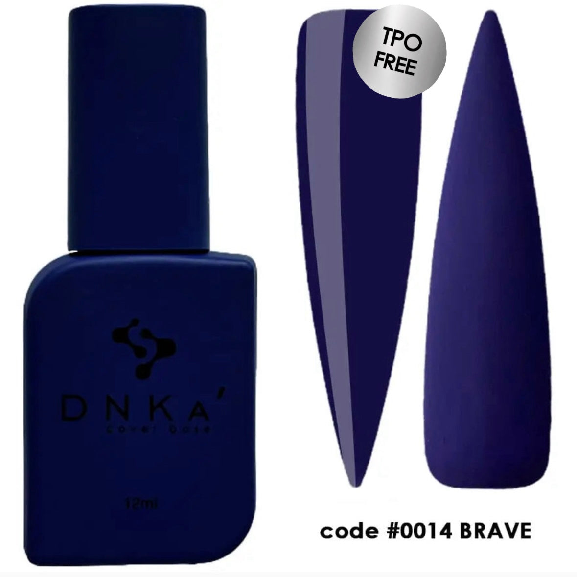 A bottle of DNKa' Cover Base in the shade #0014 Brave, which is a deep blue color, alongside a sample nail polish swatch showing the color and texture of the product.