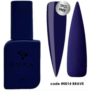A bottle of DNKa' Cover Base in the shade #0014 Brave, which is a deep blue color, alongside a sample nail polish swatch showing the color and texture of the product.