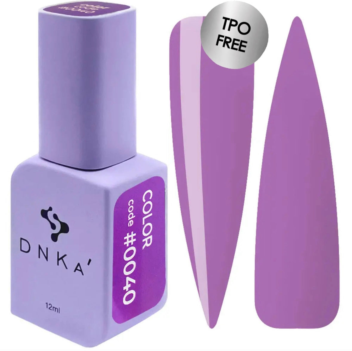 A bottle of DNKa' Gel Polish in color #0040, which is a deep purple, alongside a swatch demonstrating the color and texture of the gel polish.