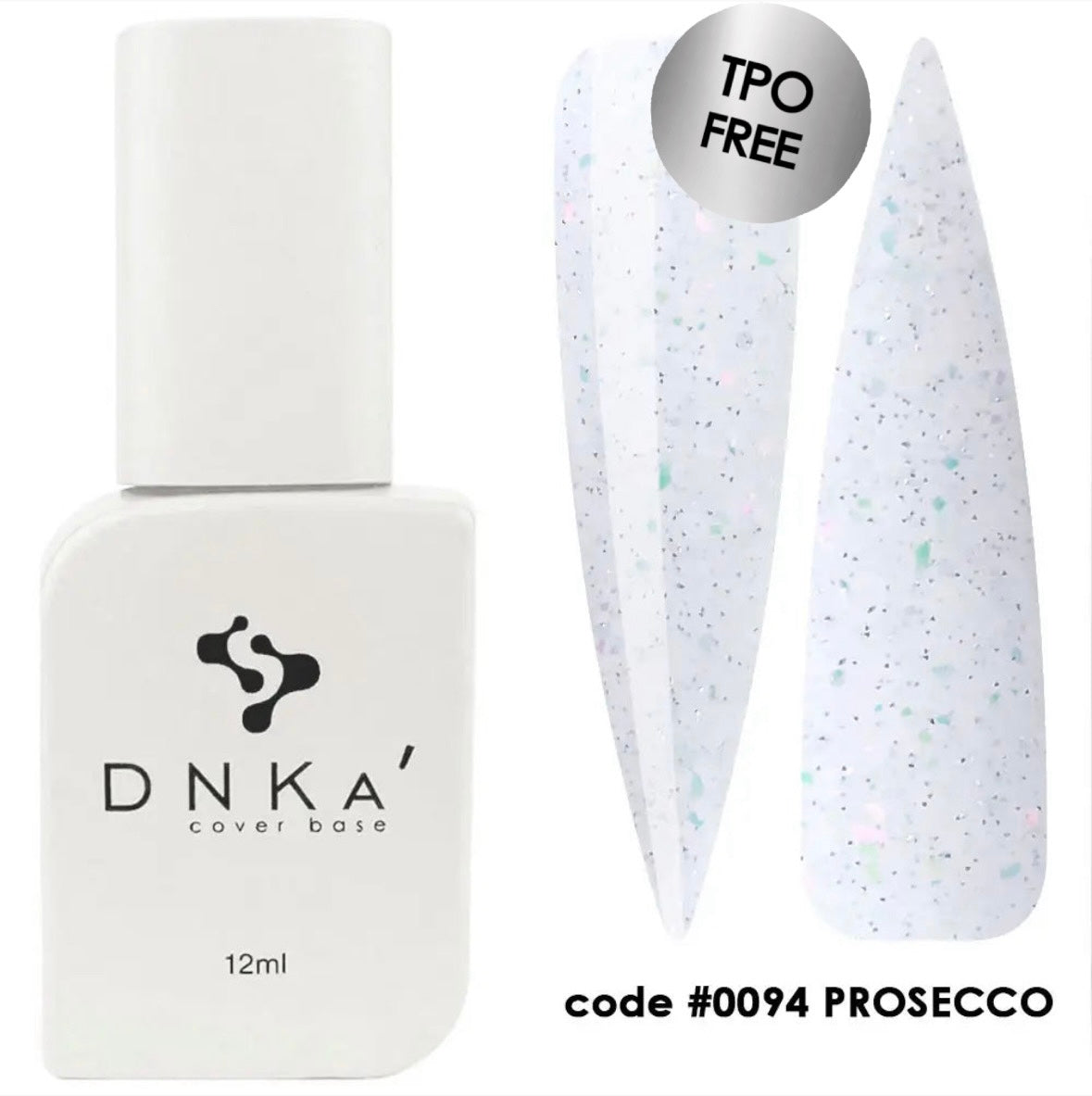 A bottle of DNKa' Cover Base Prosecco 0094 with a capacity of 12 ml, displaying a white and pink glittery color, indicating a sparkly or shimmering finish.