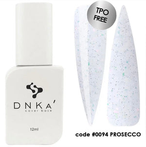 A bottle of DNKa' Cover Base Prosecco 0094 with a capacity of 12 ml, displaying a white and pink glittery color, indicating a sparkly or shimmering finish.