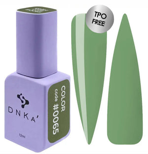A bottle of DNKa' Gel Polish in color #0065, alongside a swatch of the green polish. Olive green gel polish color