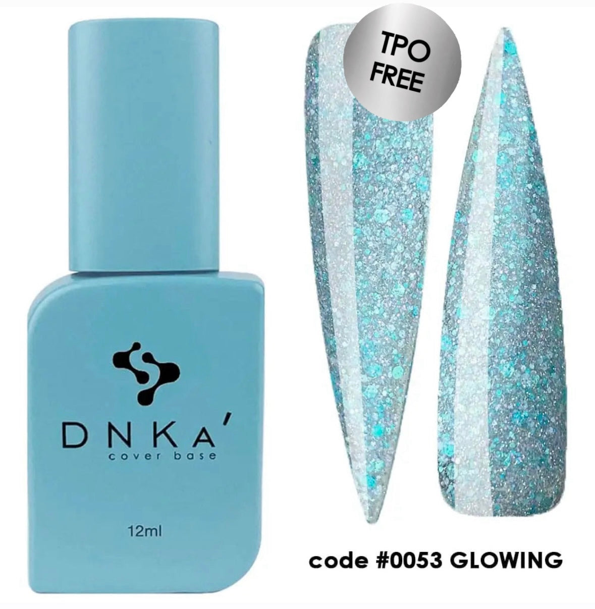 A bottle of DNKa' Cover Base with a swatch showing a glittery blue color, coded #0053 GLOWING.