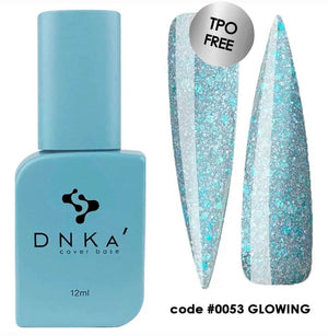 A bottle of DNKa' Cover Base with a swatch showing a glittery blue color, coded #0053 GLOWING.