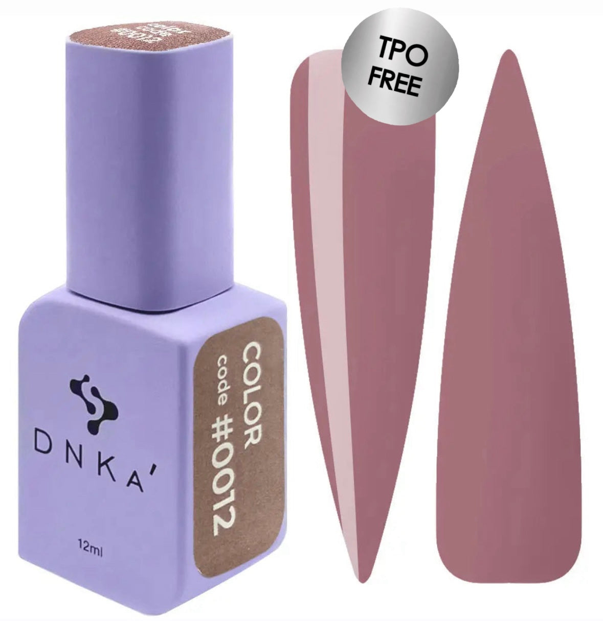 A square bottle of DNKa' Gel Polish in color #0012 with a purple cap, alongside a visual representation of the brown polish color on a nail shape.