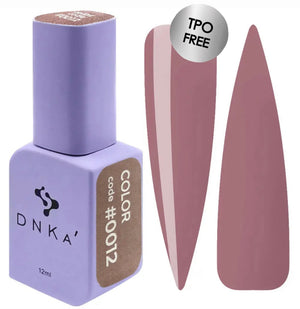 A square bottle of DNKa' Gel Polish in color #0012 with a purple cap, alongside a visual representation of the brown polish color on a nail shape.