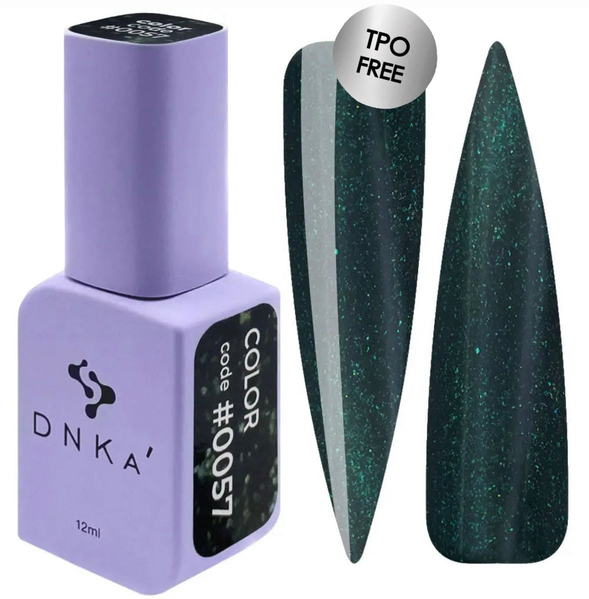 A bottle of DNKa' Gel Polish in color #0057, which is a deep green color with shimmer, alongside a swatch of the polish showing its application and color.
