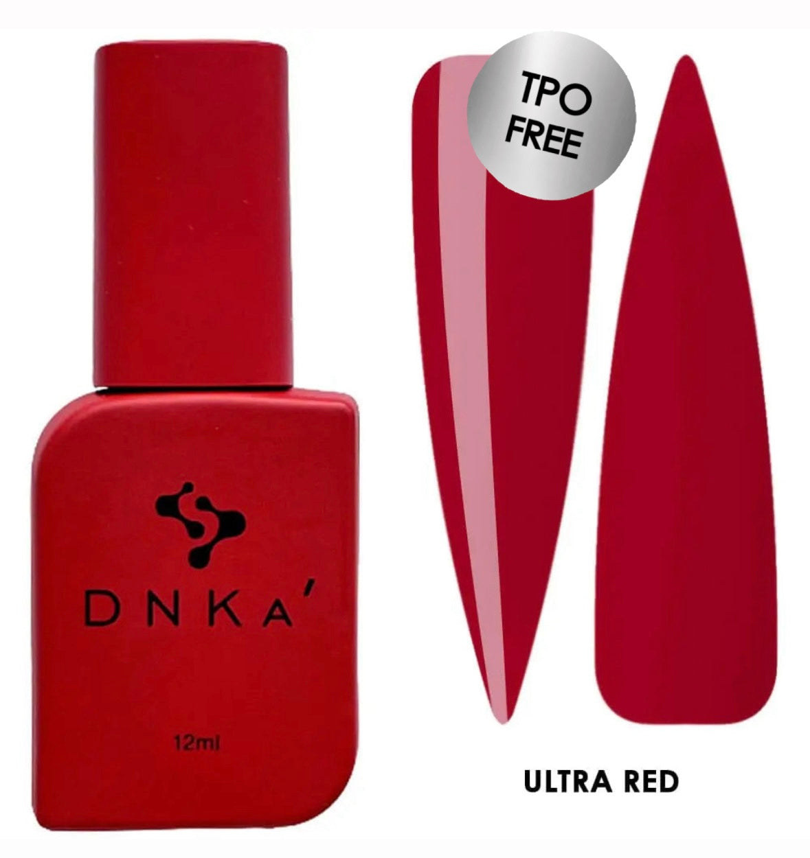 A bottle of DNKa' Gel Polish in classic red  color Ultra Red alongside a visual representation of the nail polish application on a nail shape.