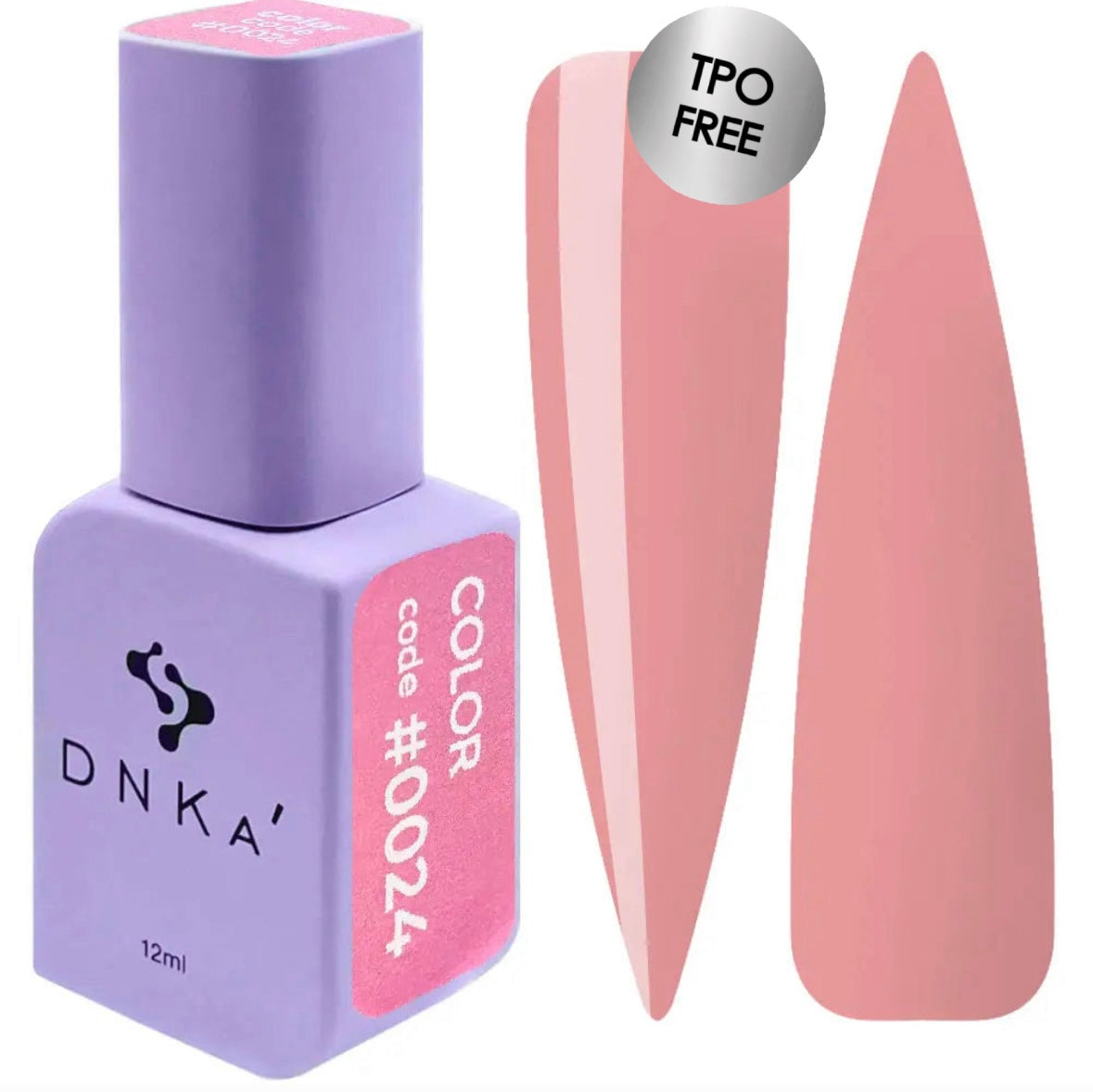 A purple-colored DNKa' Gel Polish bottle with the code #0024 and a pair of pink-colored gel polish bottles alongside it.